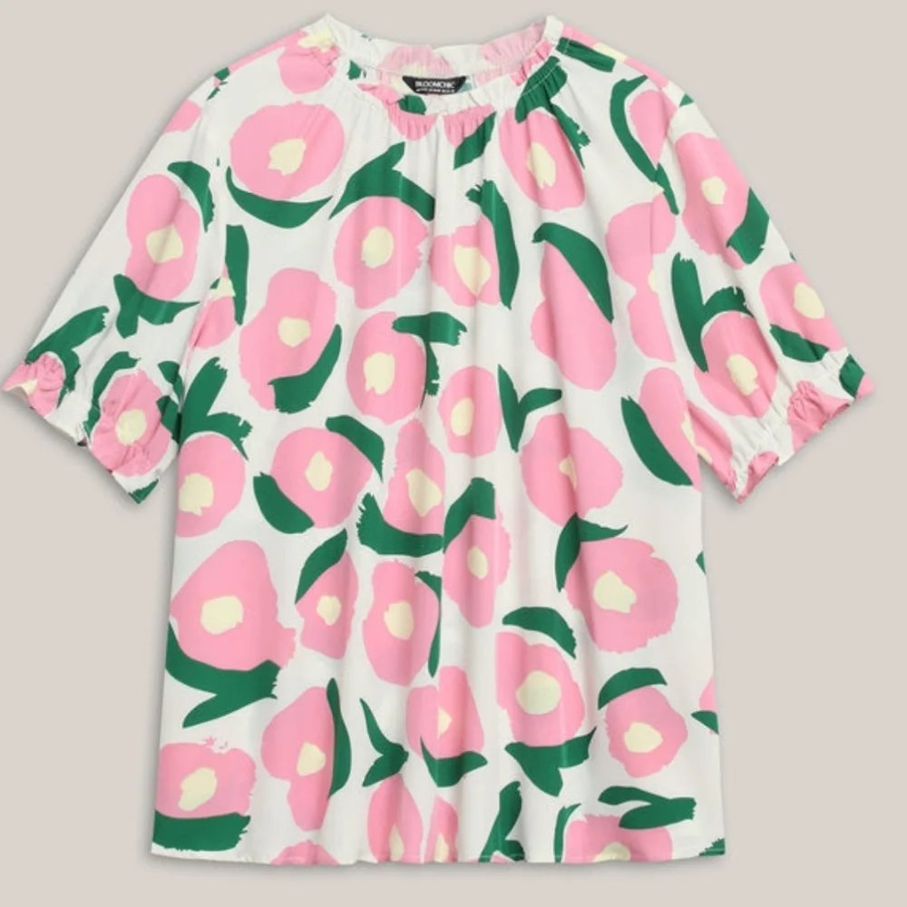 Bloom Chic Ruffled Neck Puffy Sleeve Blouse-Floral White, Pink and Green Pattern - Picture 1 of 6